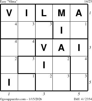 The grouppuzzles.com Easy Vilma puzzle for Thursday January 15, 2026, suitable for printing, with all 4 steps marked