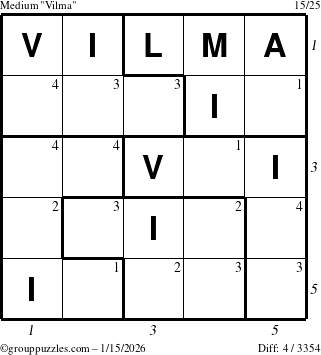 The grouppuzzles.com Medium Vilma puzzle for Thursday January 15, 2026, suitable for printing, with all 4 steps marked