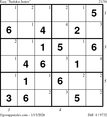 The grouppuzzles.com Easy Sudoku-Junior puzzle for Thursday January 15, 2026 with all 4 steps marked