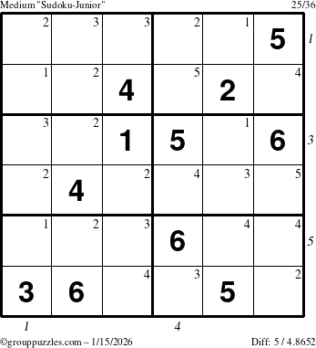 The grouppuzzles.com Medium Sudoku-Junior puzzle for Thursday January 15, 2026, suitable for printing, with all 5 steps marked