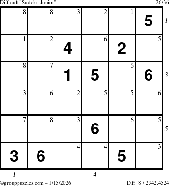 The grouppuzzles.com Difficult Sudoku-Junior puzzle for Thursday January 15, 2026 with all 8 steps marked