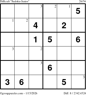 The grouppuzzles.com Difficult Sudoku-Junior puzzle for Thursday January 15, 2026 with the first 3 steps marked