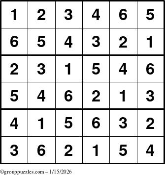The grouppuzzles.com Answer grid for the Sudoku-Junior puzzle for Thursday January 15, 2026
