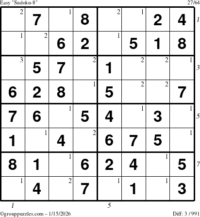 The grouppuzzles.com Easy Sudoku-8 puzzle for Thursday January 15, 2026, suitable for printing, with all 3 steps marked