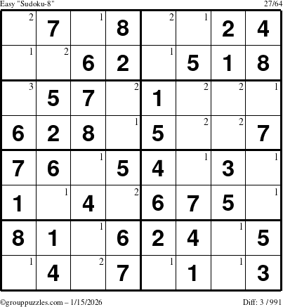 The grouppuzzles.com Easy Sudoku-8 puzzle for Thursday January 15, 2026 with the first 3 steps marked