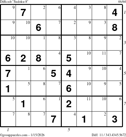 The grouppuzzles.com Difficult Sudoku-8 puzzle for Thursday January 15, 2026, suitable for printing, with all 11 steps marked