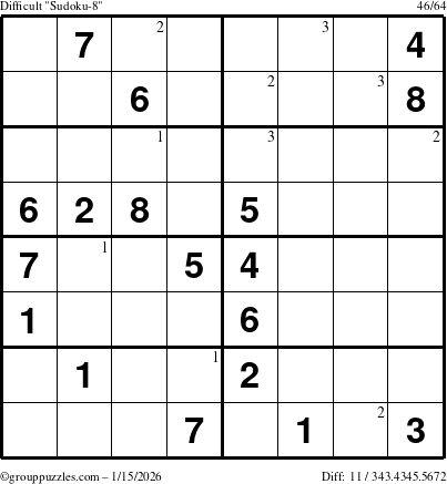 The grouppuzzles.com Difficult Sudoku-8 puzzle for Thursday January 15, 2026 with the first 3 steps marked