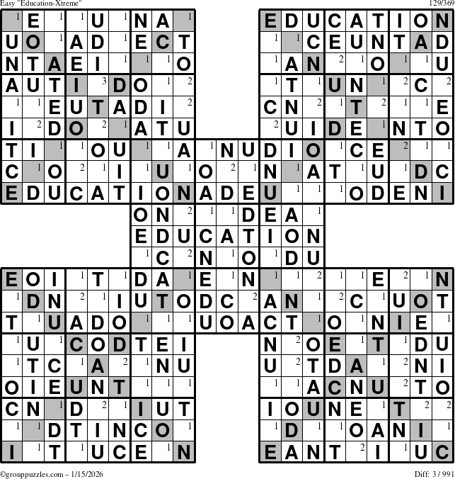 The grouppuzzles.com Easy Education-Xtreme puzzle for Thursday January 15, 2026 with the first 3 steps marked