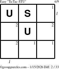 The grouppuzzles.com Easy TicTac-STU puzzle for Thursday January 15, 2026 with all 2 steps marked