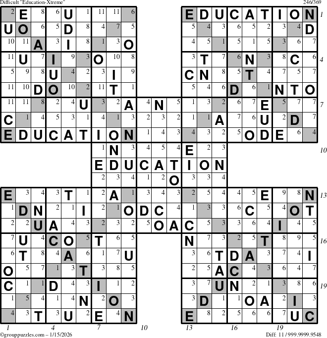 The grouppuzzles.com Difficult Education-Xtreme puzzle for Thursday January 15, 2026, suitable for printing, with all 11 steps marked