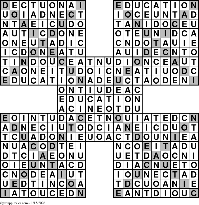 The grouppuzzles.com Answer grid for the Education-Xtreme puzzle for Thursday January 15, 2026