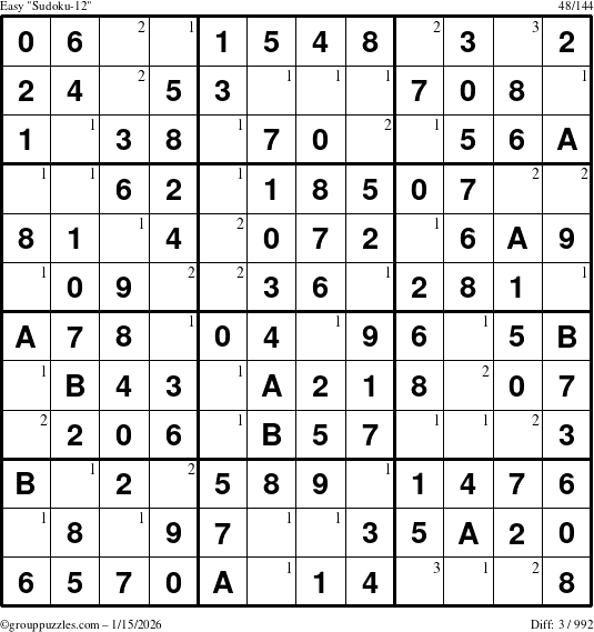The grouppuzzles.com Easy Sudoku-12 puzzle for Thursday January 15, 2026 with the first 3 steps marked