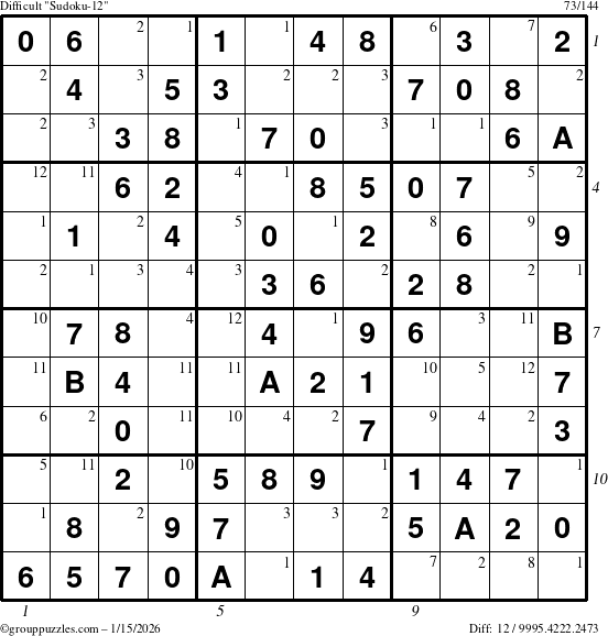 The grouppuzzles.com Difficult Sudoku-12 puzzle for Thursday January 15, 2026 with all 12 steps marked
