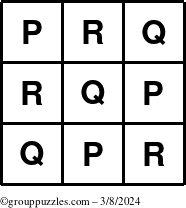The grouppuzzles.com Answer grid for the TicTac-PQR puzzle for Friday March 8, 2024