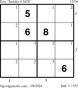 The grouppuzzles.com Easy Sudoku-4-5678 puzzle for Friday March 8, 2024 with all 3 steps marked