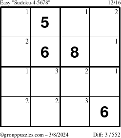 The grouppuzzles.com Easy Sudoku-4-5678 puzzle for Friday March 8, 2024 with the first 3 steps marked