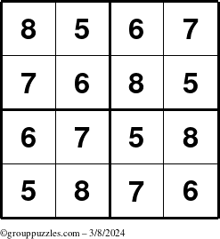 The grouppuzzles.com Answer grid for the Sudoku-4-5678 puzzle for Friday March 8, 2024