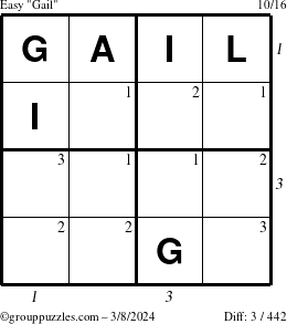 The grouppuzzles.com Easy Gail puzzle for Friday March 8, 2024 with all 3 steps marked