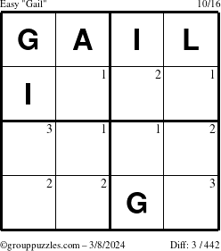 The grouppuzzles.com Easy Gail puzzle for Friday March 8, 2024 with the first 3 steps marked