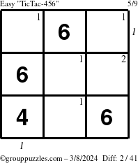 The grouppuzzles.com Easy TicTac-456 puzzle for Friday March 8, 2024 with all 2 steps marked