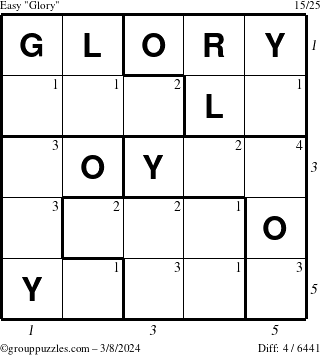 The grouppuzzles.com Easy Glory puzzle for Friday March 8, 2024 with all 4 steps marked