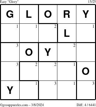 The grouppuzzles.com Easy Glory puzzle for Friday March 8, 2024 with the first 3 steps marked