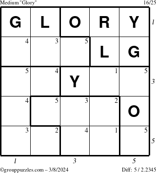 The grouppuzzles.com Medium Glory puzzle for Friday March 8, 2024 with all 5 steps marked