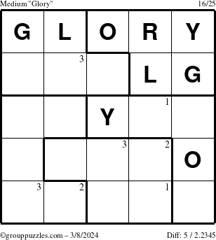 The grouppuzzles.com Medium Glory puzzle for Friday March 8, 2024 with the first 3 steps marked