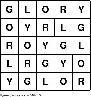 The grouppuzzles.com Answer grid for the Glory puzzle for Friday March 8, 2024