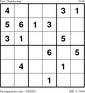 The grouppuzzles.com Easy Sudoku-6up puzzle for Friday March 8, 2024