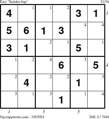 The grouppuzzles.com Easy Sudoku-6up puzzle for Friday March 8, 2024 with all 4 steps marked