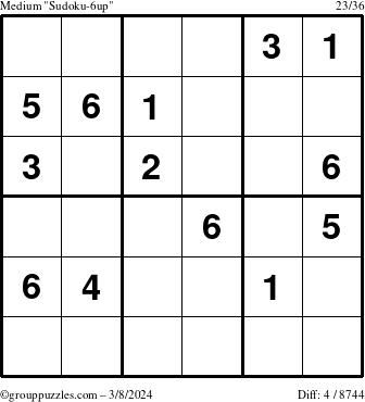 The grouppuzzles.com Medium Sudoku-6up puzzle for Friday March 8, 2024