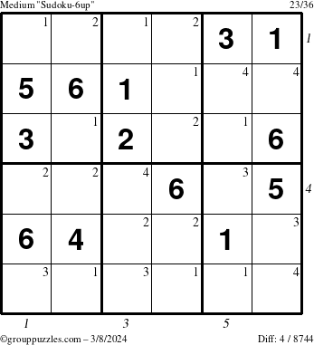 The grouppuzzles.com Medium Sudoku-6up puzzle for Friday March 8, 2024 with all 4 steps marked