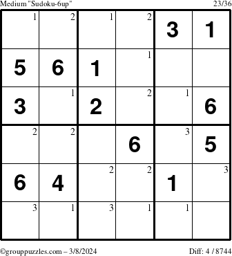 The grouppuzzles.com Medium Sudoku-6up puzzle for Friday March 8, 2024 with the first 3 steps marked