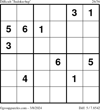 The grouppuzzles.com Difficult Sudoku-6up puzzle for Friday March 8, 2024