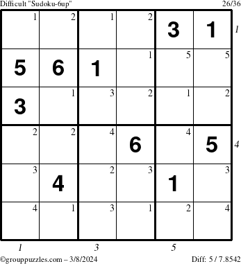 The grouppuzzles.com Difficult Sudoku-6up puzzle for Friday March 8, 2024 with all 5 steps marked
