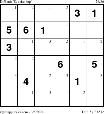 The grouppuzzles.com Difficult Sudoku-6up puzzle for Friday March 8, 2024 with the first 3 steps marked
