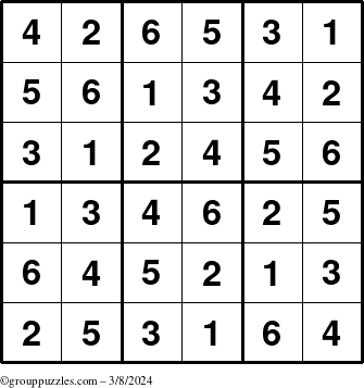 The grouppuzzles.com Answer grid for the Sudoku-6up puzzle for Friday March 8, 2024