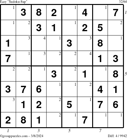 The grouppuzzles.com Easy Sudoku-8up puzzle for Friday March 8, 2024 with all 4 steps marked