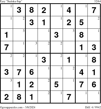The grouppuzzles.com Easy Sudoku-8up puzzle for Friday March 8, 2024 with the first 3 steps marked