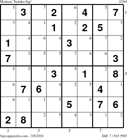 The grouppuzzles.com Medium Sudoku-8up puzzle for Friday March 8, 2024 with all 7 steps marked
