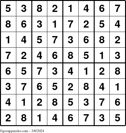The grouppuzzles.com Answer grid for the Sudoku-8up puzzle for Friday March 8, 2024
