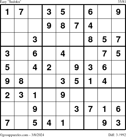 The grouppuzzles.com Easy Sudoku puzzle for Friday March 8, 2024