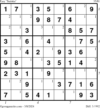 The grouppuzzles.com Easy Sudoku puzzle for Friday March 8, 2024 with all 3 steps marked