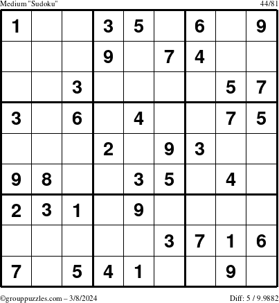 The grouppuzzles.com Medium Sudoku puzzle for Friday March 8, 2024
