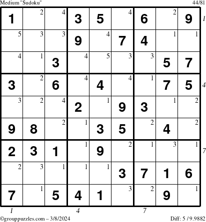 The grouppuzzles.com Medium Sudoku puzzle for Friday March 8, 2024 with all 5 steps marked