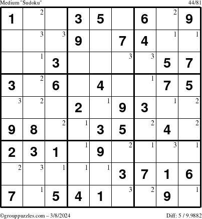 The grouppuzzles.com Medium Sudoku puzzle for Friday March 8, 2024 with the first 3 steps marked
