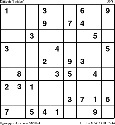 The grouppuzzles.com Difficult Sudoku puzzle for Friday March 8, 2024
