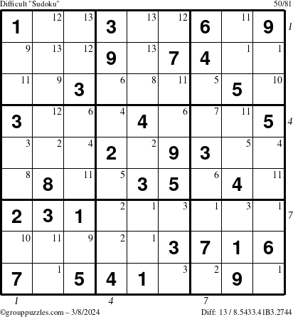 The grouppuzzles.com Difficult Sudoku puzzle for Friday March 8, 2024 with all 13 steps marked