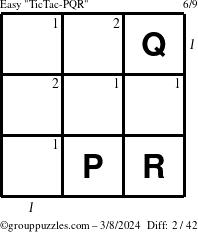 The grouppuzzles.com Easy TicTac-PQR puzzle for Friday March 8, 2024 with all 2 steps marked